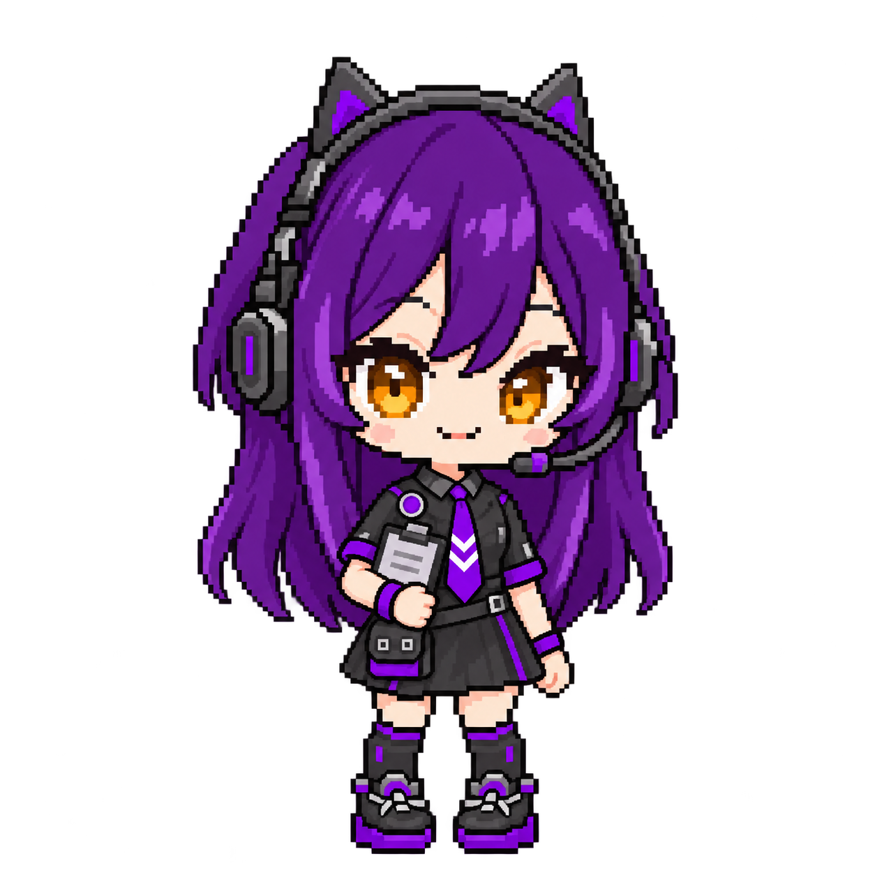 Purple-haired, cat-eared Desktop Pal character with a headset and clipboard